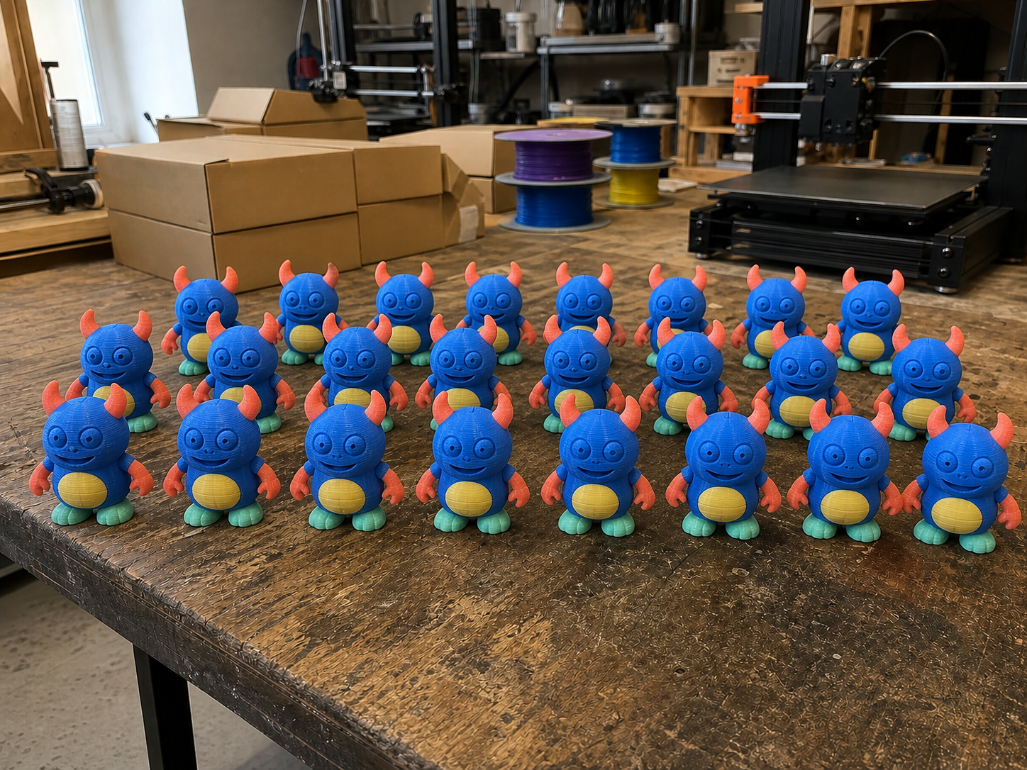 A group of custom 3D printed Artwork Figures from a classroom bulk order arranged together