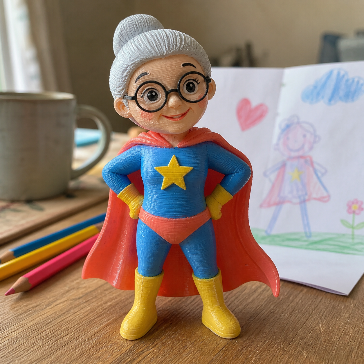 Super Nana, a cheerful 3D-printed grandmother superhero Artwork Figure beside a child’s drawing