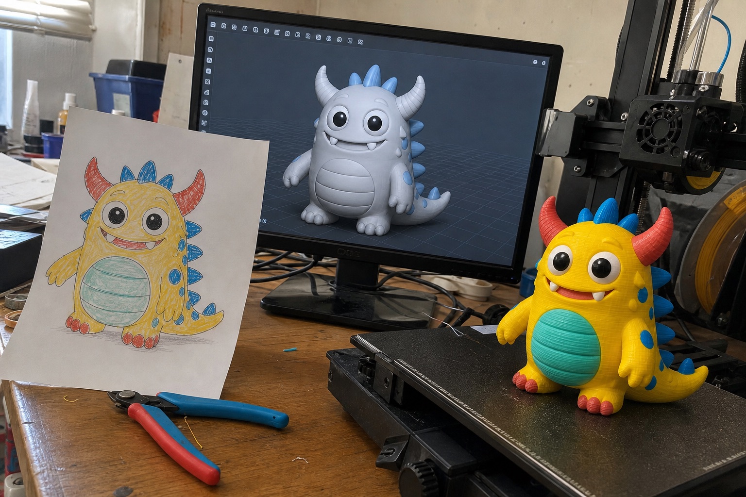 A child’s character drawing beside its digital 3D model and finished 3D print on a maker workbench