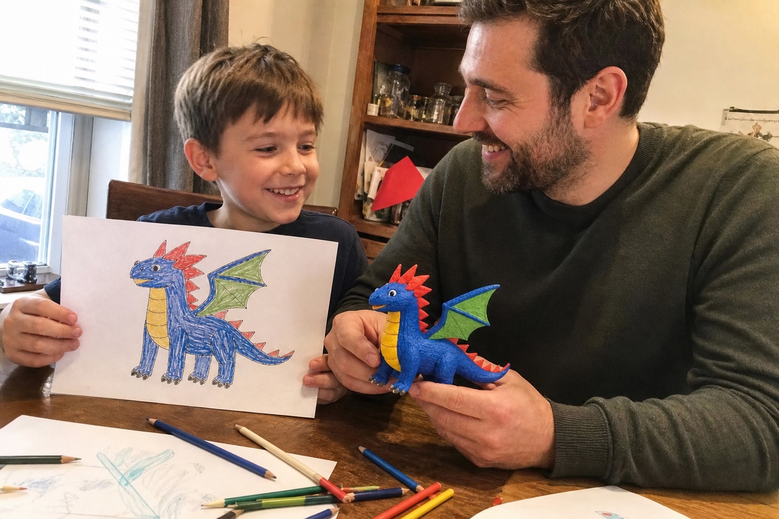 A parent and child comparing an original character drawing with its colorful Artwork Figure at a craft table